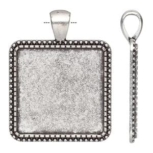 Pendant, antique silver-finished "pewter" (zinc-based alloy), 38x30mm single-sided square with beaded design and 25mm non-calibrated square setting. Sold individually.
