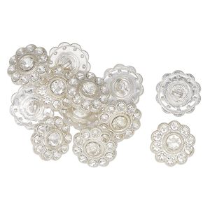 Clasp, button, silver-finished "pewter" (zinc-based alloy) and glass, clear, 14mm flower. Sold per pkg of 12.