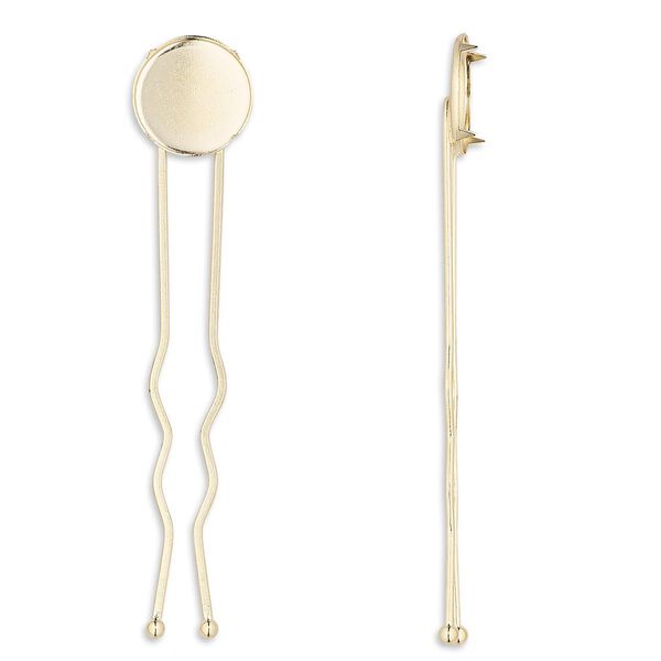 Hairpin, gold-plated brass, 3 inches with 14mm round flat pad. Sold per pkg of 10. image number 0