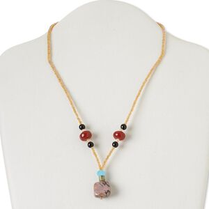 Multi-gemstone / glass / "pewter" (zinc-based alloy) 1pkg1, AB silver-finished / antique gold-finished necklace 17 inch / 1 inch dangle / lobster claw clasp