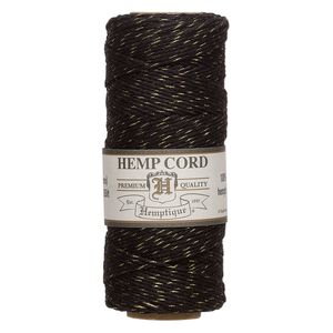 Cord, Hemptique®, polished hemp, metallic black/gold, 1mm, 20-pound test. Sold per 205-foot spool.