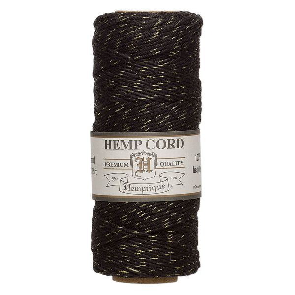 Cord, Hemptique®, polished hemp, metallic black/gold, 1mm, 20-pound test. Sold per 205-foot spool. image number 0