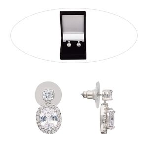 Earring, cubic zirconia / stainless steel / rhodium-finished brass, clear, 19.5mm with oval and post. Sold per pair.