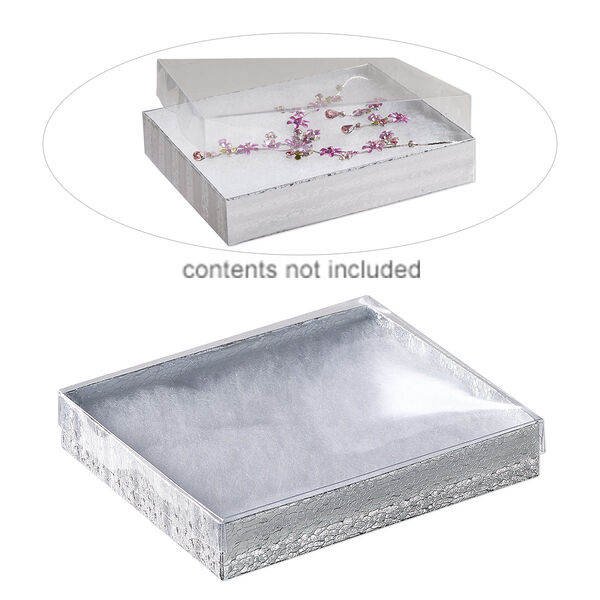 Box, plastic and paper, "cotton"-filled, silver and clear, 6-1/8 x 5-1/8 x 1-1/8 inch rectangle. Sold per pkg of 10. image number 0