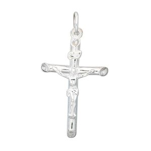 Drop, sterling silver, 28x19mm plain rounded crucifix. Sold individually.