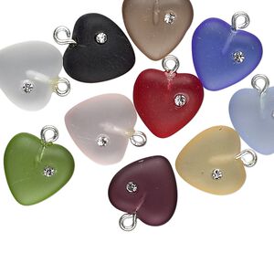 Drop mix, Czech glass / cubic zirconia / silver-plated brass, frosted mixed colors, 11mm heart. Sold per pkg of 20.