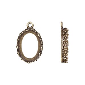 Drop, JBB Findings, antiqued brass, 18x14mm oval with open back and flower design trim, 16x12mm oval bezel setting. Sold per pkg of 2.