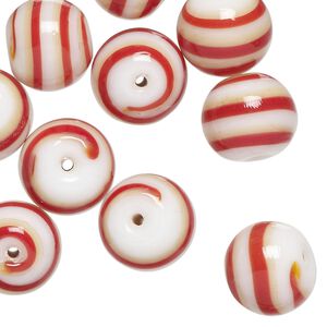 Bead, lampworked glass, opaque red / golden / white, 12mm round. Sold per pkg of 10.