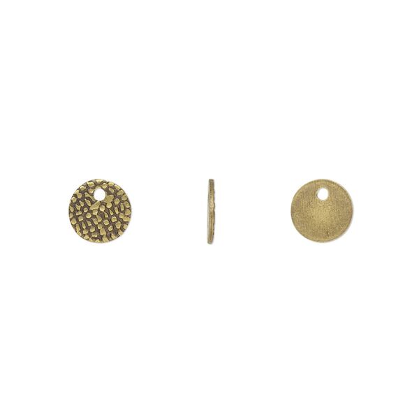 Drop, antique gold-plated brass, 7mm single-sided textured flat round. Sold per pkg of 100. image number 0