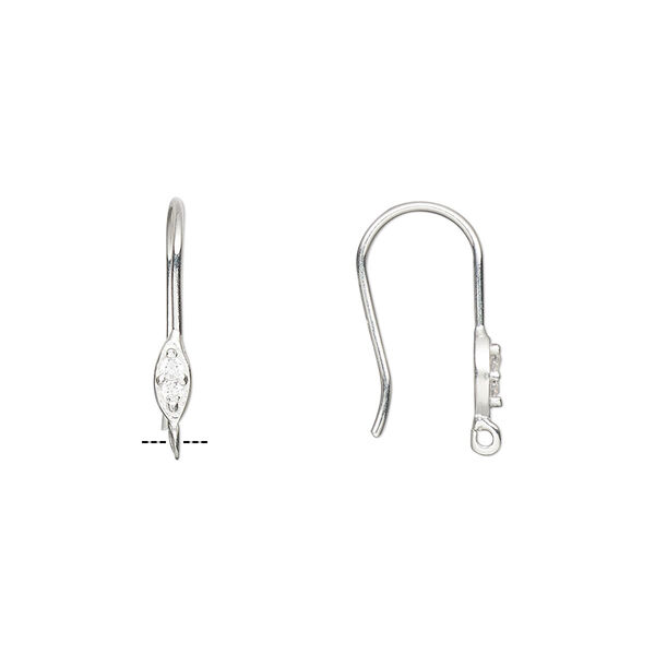 Ear wire, sterling silver and cubic zirconia, clear, 17mm fishhook with open loop, 21 gauge. Sold per pair. image number 0