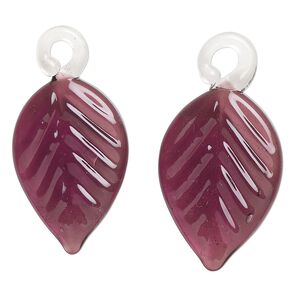 Drop, lampworked glass, transparent purple, 24x16mm handmade single-sided leaf. Sold per pkg of 2.