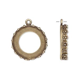 Drop, JBB Findings, antiqued brass, 20mm round with open back and flower design trim, 18mm round bezel setting. Sold per pkg of 2.