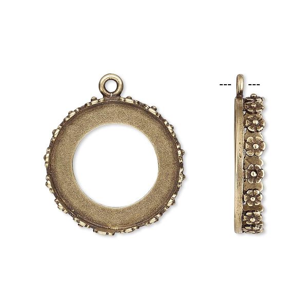 Drop, JBB Findings, antiqued brass, 20mm round with open back and flower design trim, 18mm round bezel setting. Sold per pkg of 2. image number 0