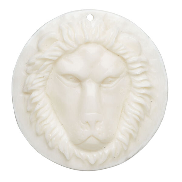 Focal, bone (bleached), 34mm hand-carved top-drilled single-sided lion face, Mohs hardness 2-1/2. Sold individually. image number 0
