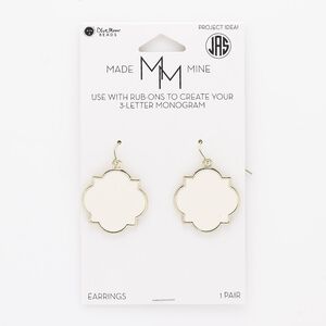 Earring fishhook 1pkg2 "pewter" (zinc-based alloy), 40x28mm / rub-on setting, 21 gauge gold-finished / enamel cream 1 pair