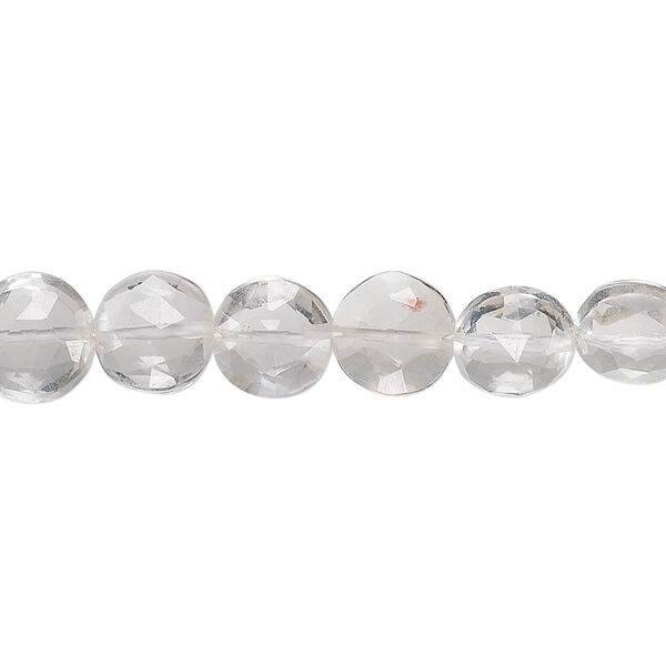 Bead, quartz crystal (natural), 8-9mm hand-cut faceted puffed flat round, B grade, Mohs hardness 7. Sold per 5-inch strand. image number 0