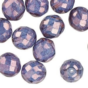 Czech fire-polished glass 1pkg30, faceted round bead opaque purple / gold 12mm