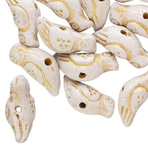 Bead, pressed clay, tan with gold, 19x7mm-21x9mm handmade bird. Sold per pkg of 20.