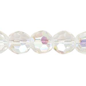 Bead, glass, translucent clear AB, 11-12mm faceted round. Sold per 8-inch strand, approximately 15 beads.