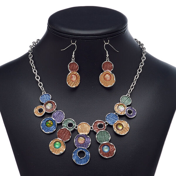 Necklace and earring set, enamel / resin / imitation rhodium-plated steel / brass / "pewter" (zinc-based alloy), multicolored, geometric round, 18-inch necklace with 2-inch extender chain and lobster claw clasp, 39.5mm earrings with fishhook ear wire. Sold per set. image number 0