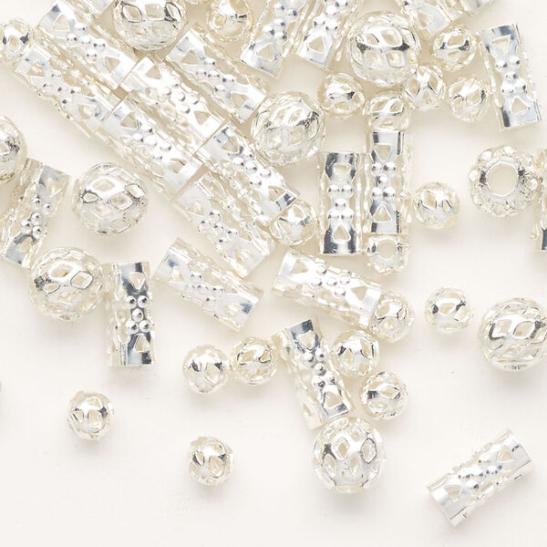 Bead mix, silver-finished steel, 4mm round with cutout design / 6mm round with cutout design and 2.5mm hole / 8x4mm round tube with cutout design and 3mm hole. Sold per pkg of 82. image number 0