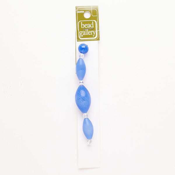 Bead 1pkg4 handblown glass, mixed sizes / mixed shapes / line design, assortment translucent blue / white image number 0