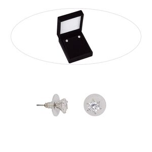 Earstud, cubic zirconia / stainless steel / rhodium-finished brass, clear, 7mm round with post. Sold per pair.