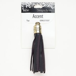 Faux leather / brass 1pkg1, tassel focal black / antique gold-finished 4x1/2 inch