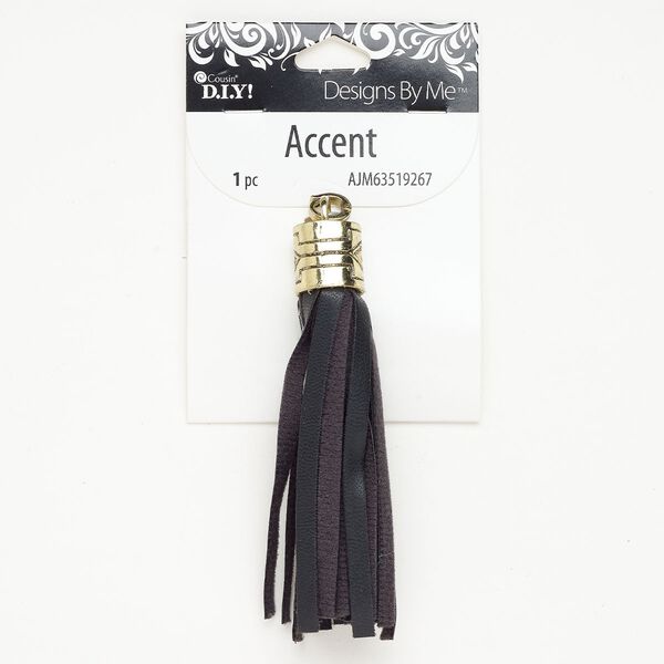 Faux leather / brass 1pkg1, tassel focal black / antique gold-finished 4x1/2 inch image number 0