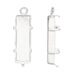 Drop, silver-plated brass, 25x9mm rectangle with closed loop and 24x8mm 6-prong faceted rectangle setting (4547) with closed back. Sold per pkg of 4.