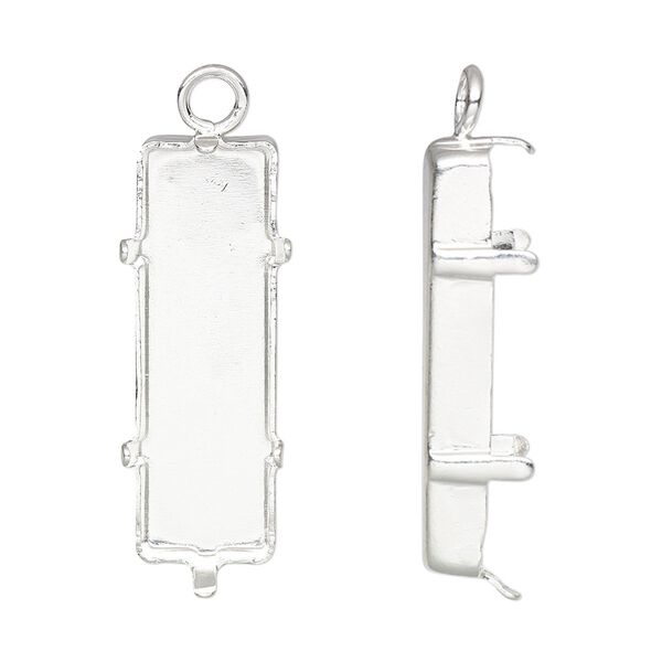 Drop, silver-plated brass, 25x9mm rectangle with closed loop and 24x8mm 6-prong faceted rectangle setting (4547) with closed back. Sold per pkg of 4. image number 0