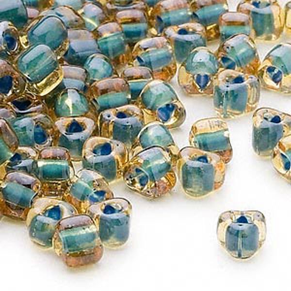 Seed bead, Miyuki, glass, transparent amber yellow color-lined teal, (TR1169), #5 triangle. Sold per 250-gram pkg. image number 0