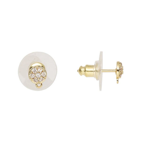 Earstud, cubic zirconia / gold-finished brass / plastic, clear, 5.5mm round with loop. Sold per pair. image number 0