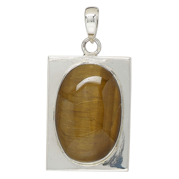Pendant, tigereye (natural) and sterling silver, 36x26mm rectangle. Sold individually. image number 0
