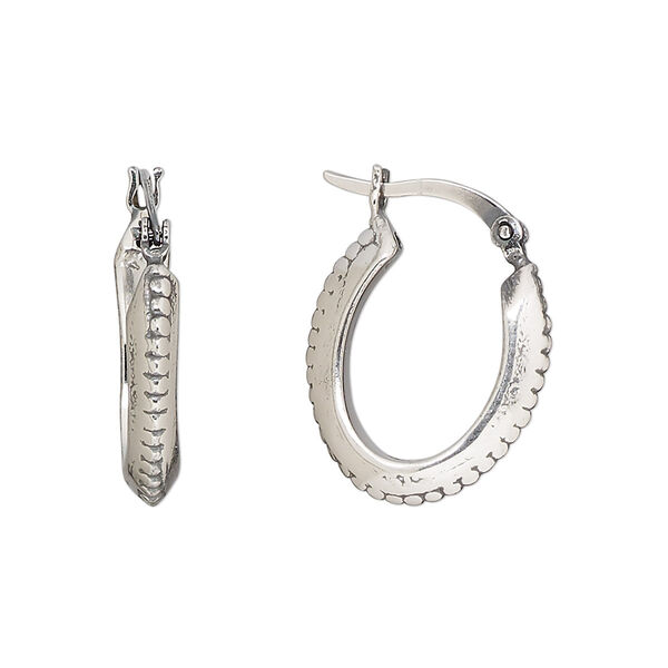 Earring, Create Compliments®, antiqued fine silver, electroformed, 21mm beaded oval hoop with latch-back closure. Sold per pair. image number 0