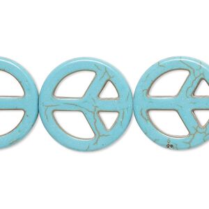 Bead, "howlite" (resin) (imitation), aqua blue, 20mm peace sign. Sold per 15-inch strand.
