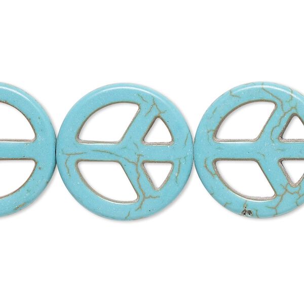 Bead, "howlite" (resin) (imitation), aqua blue, 20mm peace sign. Sold per 15-inch strand. image number 0