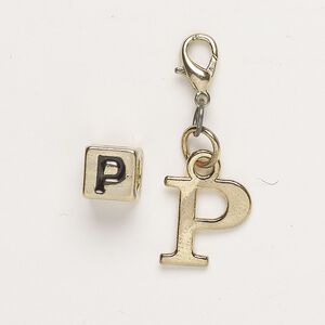 Bead and charm, brass-finished "pewter" (zinc-based alloy) / steel / enamel, black, 7mm cube with alphabet letter "P" and 13x12mm alphabet letter "P" with lobster claw clasp. Sold per pkg of 2.