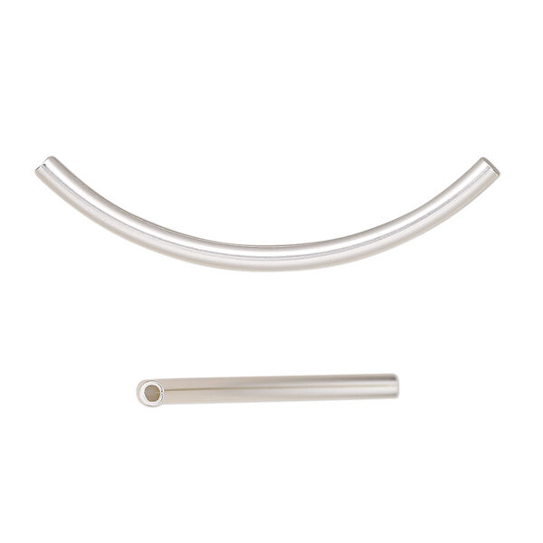Bead, satin-finished silver-plated brass, 38x2mm curved tube. Sold per pkg of 10. image number 0