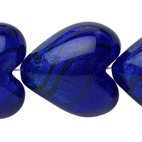 Bead, lampworked glass, cobalt and bronze with silver-colored foil, 28x28mm puffed heart. Sold per pkg of 4. image number 0