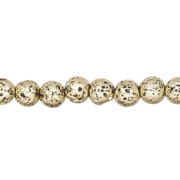 Bead, electro-coated lava rock (coated), light gold, 6-7mm round. Sold per 15-1/2" to 16" strand. image number 0