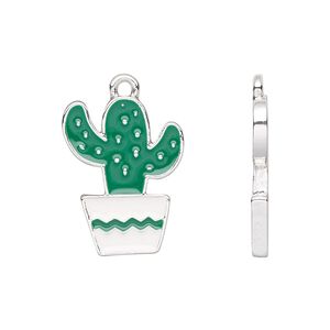 Charm, enamel and silver-finished pewter (tin-based alloy), white / green / turquoise blue, 21x16mm potted cactus. Sold per pkg of 2.