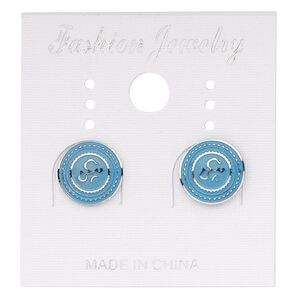 Earstud, stainless steel, blue patina, 10mm round with Om design. Sold per pair.