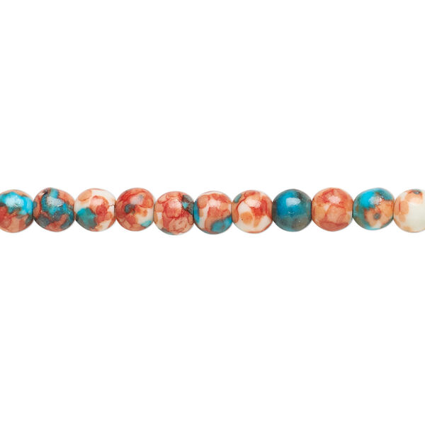 Bead, resin and painted ceramic, orange / blue / white, 4mm round. Sold per 15-1/2" to 16" strand. image number 0