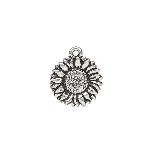 Charm, TierraCast®, antique silver-plated pewter (tin-based alloy), 15mm double-sided sunflower. Sold per pkg of 20. image number 0