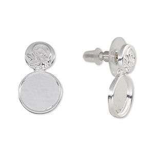 Earstud 1pkg2 Almost Instant Jewelry® silver-plated "pewter" (zinc-based alloy), 21mm round swirl / leaf design / SS48 round glue-in setting / comfort clutch, gold-finished brass / steel 1 pair