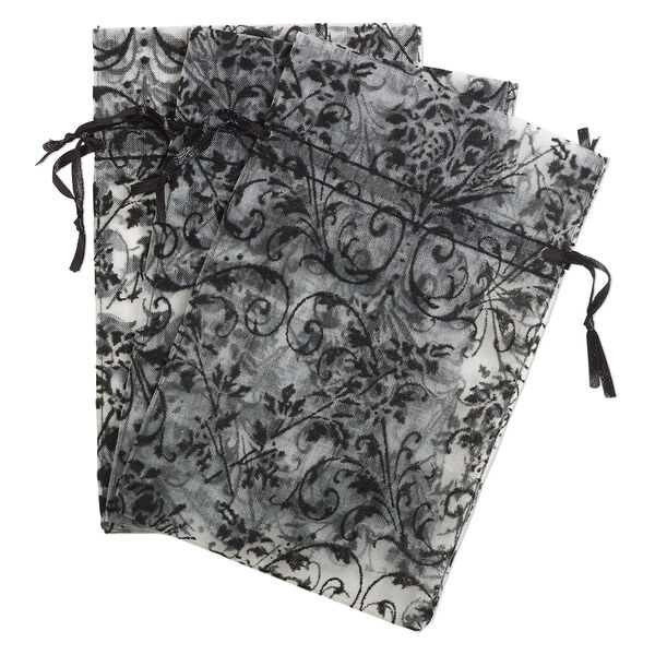 Pouch, satin and flocked organza, grey and black, 6x4-inch rectangle with damask design and drawstring. Sold per pkg of 12. image number 0