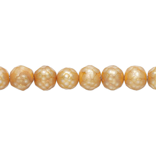 Pearl, cultured freshwater (dyed), gold, 5-6mm faceted semi-round with 0.2-0.7mm hole, C grade, Mohs hardness 2-1/2 to 4. Sold per 15-1/2" to 16" strand. image number 0