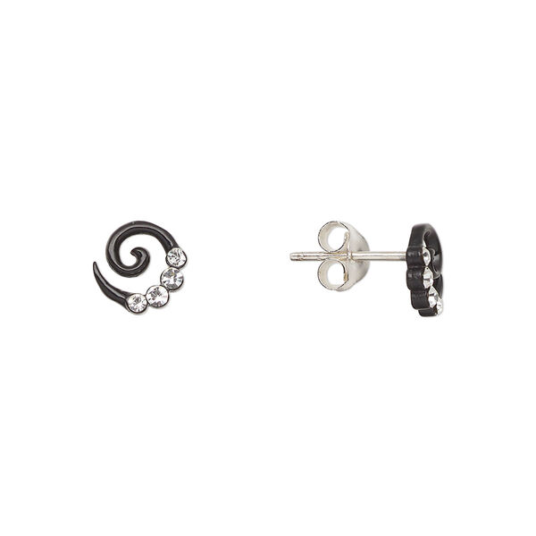Earstud, Create Compliments®, sterling silver and crystal, black and clear, 7mm swirl. Sold per pair. image number 0