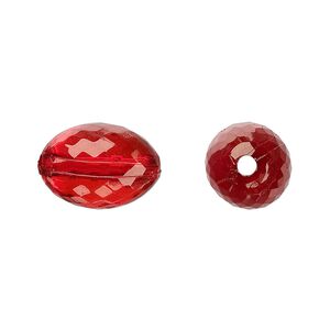 Bead, acrylic, red, 16x11mm faceted oval. Sold per 100-gram pkg, approximately 80 beads.
